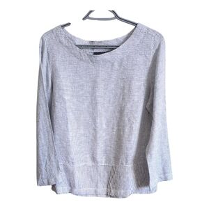 Tahari Navy White Striped 100% Linen Blouse Knit Top Long Sleeve Size Small